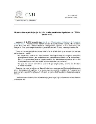 Motion dénonçant le projet de loi « modernisation et régulation de l’ESR » 