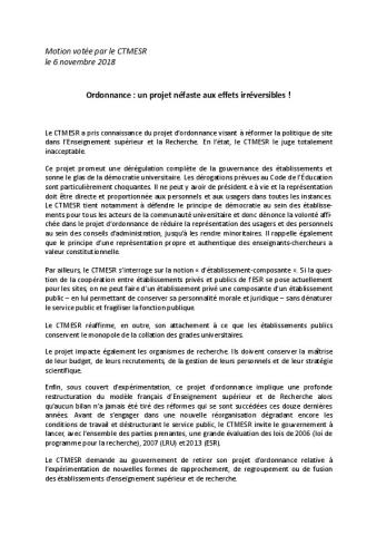 Ordonnance : un projet néfaste aux effets irréversibles ! - Motion votée par le CTMESR le 6 novembre 2018