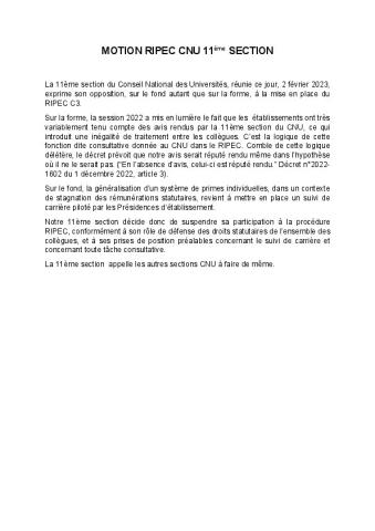 Motion de la 11ème section du CNU sur le RIPEC