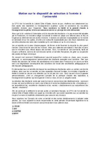 Université du Littoral Côte d'Opale : Motion de la CFVU sur le dispositif de sélection à l’entrée à l’université
