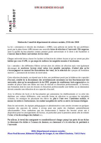 Université Paris 7 Diderot : Motion du Conseil de département de sciences sociales, 23 février 2018