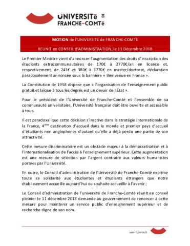 Université de Franche-Comté : Motion du conseil d'administration, 11 décembre 2018