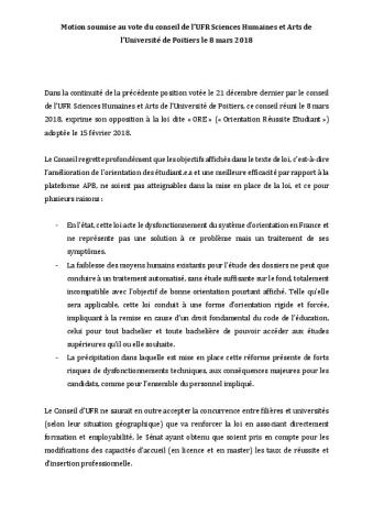 Université de Poitiers : Motion soumise au vote du conseil de l’UFR des Sciences Humaines et Arts le 8 mars 2018