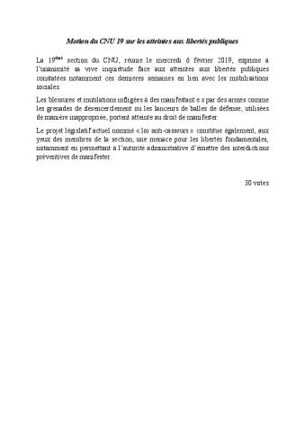 Motion de la 19ème section du CNU sur les atteintes aux libertés publiques, 6 février 2019