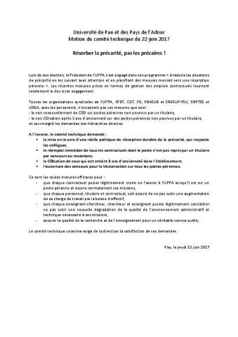 UPPA : motion du comité technique du 22 juin 2017  - Résorber la précarité, pas les précaires !