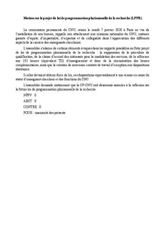 Motion unanime de la CP-CNU sur le projet de loi de programmation pluriannuelle de la recherche - Mardi 7 janvier 2019