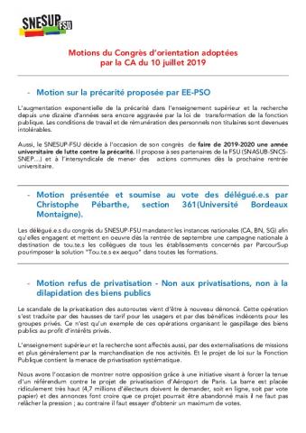MOTIONS DU CONGRES D'ORIENTATION 2019 ADOPTÉES A LA CA DU 10 JUILLET 2019