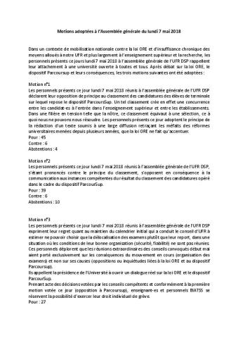 Université Paris Nanterre : Motions de l'UFR Droit et Science politique