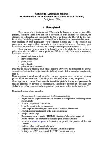 Université de Strasbourg : Motion de l'assemblée générale des étudiants et personnels du 6 février 2020