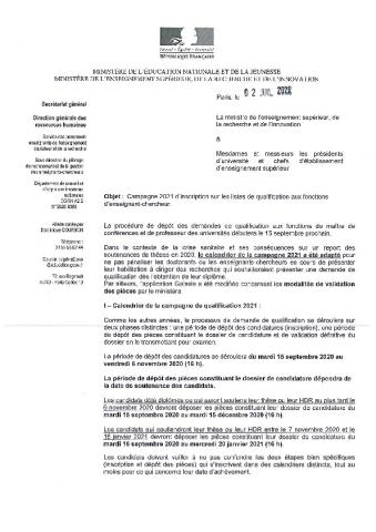 Campagne 2021 d'inscription sur les listes de qualification aux fonctions d'enseignant-chercheur /Courrier du ministère aux présidences d'établissement du 2 juillet 2020