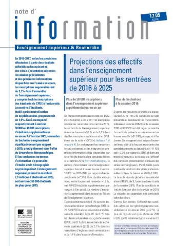 Projections des effectifs dans l'enseignement supérieur pour les rentrées de 2016 à 2025