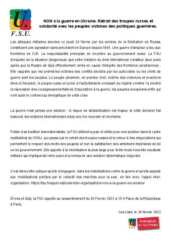 NON à la guerre en Ukraine. Retrait des troupes russes et solidarité avec les peuples victimes des politiques guerrières. - Communiqué de presse FSU du 24 février 2022