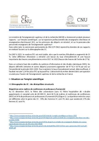 Note de la CP-CNU sur l’a situation de l’emploi scientifique