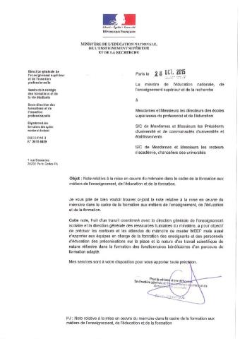 Mise en œuvre du mémoire dans le cadre des formations MEEF | Note du MENESR (28 octobre 2015)