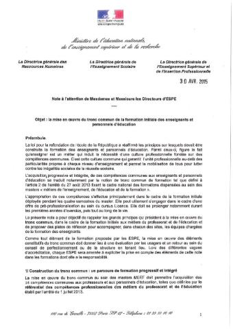 Mise en œuvre du tronc commun de la formation | note du MENESR aux directeurs d’ÉSPÉ (30 avril 2015)