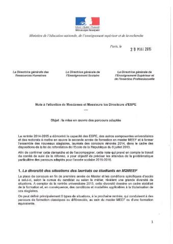 Mise en œuvre des parcours adaptés de la formation | note du MENESR aux directeurs d’ÉSPÉ (29 mai 2015)
