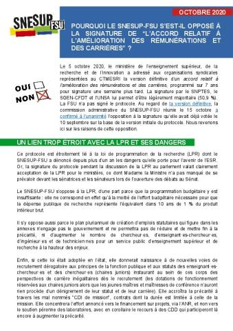 Pourquoi le SNESUP-FSU s'est-il opposé à la signature de "l'accord relatif à l'amélioration des rémunérations et des carrières"? - Note du SNESUP-FSU, octobre 2020