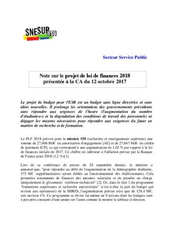 Note sur le projet de loi de finances 2018