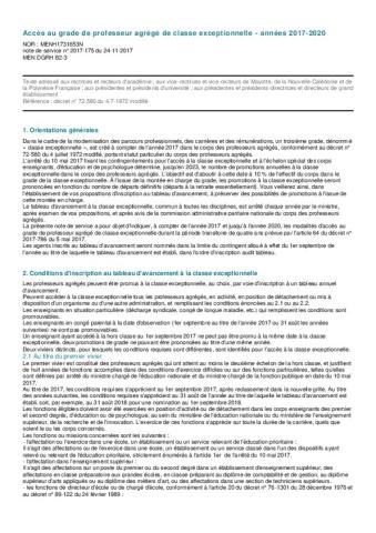 Accès au grade de professeur agrégé de classe exceptionnelle  -2017-2020 - Note de service n° 2017-175 du 24-11-2017