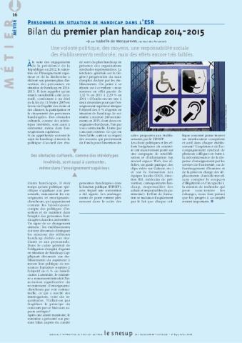 PERSONNELS EN SITUATION DE HANDICAP DANS L’ESR : Bilan du premier plan handicap 2014-2015 - Isabelle de Mecquenem - N° 644 AVRIL 2016