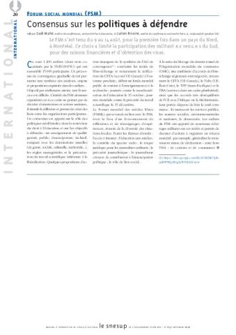 FORUM SOCIAL MONDIAL (FSM) : Consensus sur les politiques à défendre - Gaël Mahé et Julien Rivoire - N° 647 SEPTEMBRE 2016