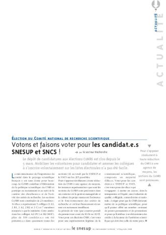 ÉLECTION DU COMITÉ NATIONAL DE RECHERCHE SCIENTIFIQUE : Votons et faisons voter pour les candidat.e.s SNESUP et SNCS ! - par le secteur Recherche- N° 644 AVRIL 2016