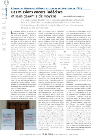 Réunion des référents du racisme et de l'antisémitisme de l'ESR : des missions encore indécises sans garantie de moyens - Isabelle de Mecquenem - N° 651 JANVIER 2017
