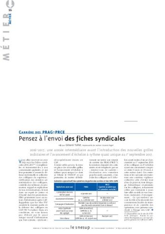 Carrière des PRAG-PRCE : pensez à l'envoi des fiches syndicales - Gérard Tollet - N° 651 JANVIER 2017