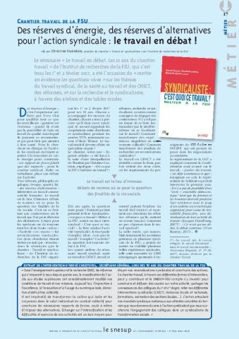 Chantier travail de la FSU : des réserves d'énergie, des réserves d'alternatives pour l'action syndicale : le travail en débat, par Christine Eisenbeis/N° 653 MARS 2017