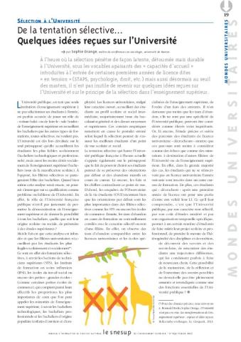 Sélection à l'université : de la tentation sélective...Quelques idées reçues sur l'université - Sophie Orange - N° 652 FEVRIER 2017