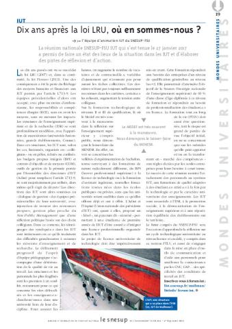 IUT : dix ans après la loi LRU, où en sommes-nous ? , par l'équipe d'animation IUT du SNESUP-FSU/N° 653 MARS 2017