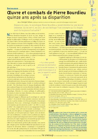 Sociologie : oeuvre et combats de Pierre Bourdieu quinze ans après sa disparitition - Georges Solaux - N° 652 FEVRIER 2017