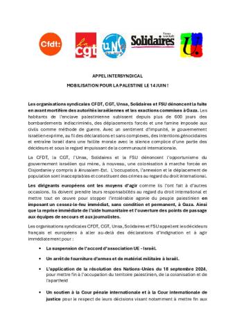 Mobilisation pour la Palestine le 14 juin ! - Appel intersyndical du 10 juin 2025