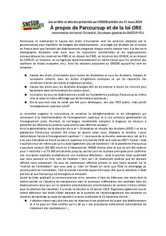À propos de Parcoursup et de la loi ORE : Intervention d'Hervé Christofol - CNESER plénier Exceptionnel du 11 mars 2019