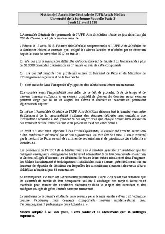 Université Paris 3 Sorbonne Nouvelle : Motion de l’Assemblée Générale de l’UFR Arts & Médias, 12 avril 2018