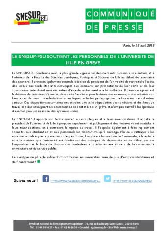 Le SNESUP-FSU soutient les personnels de l'université de Lille en grève - Communiqué du SNESUP-FSU, 18 avril 2018