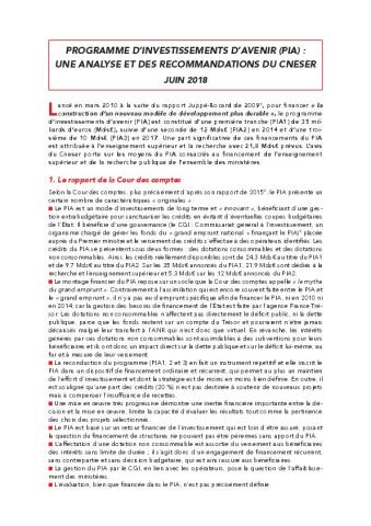 Programme d’investissements d’avenir (PIA) :  une analyse et des recommandations du Cneser - Juin 2018