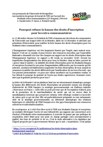 Pourquoi refuser la hausse des droits d’inscription pour les extra-communautaires - Communiqué des sections SNESUP-FSU de l'université de Montpellier, 17 janvier 2019