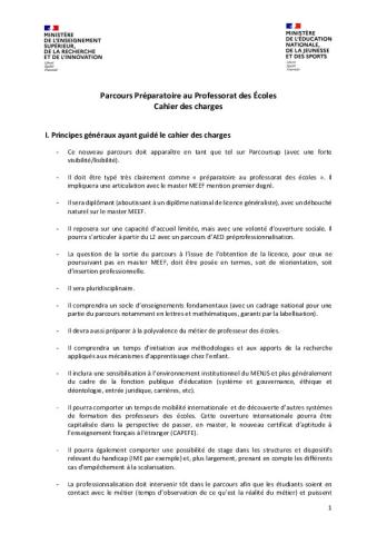 Cahier des charges du Parcours préparatoire au professorat des écoles (PPPE)