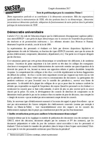 Thème 1: démocratie universitaire, démocratie syndicale