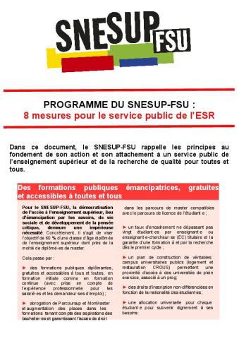 PROGRAMME DU SNESUP-FSU : 8 mesures pour le service public de l'ESR