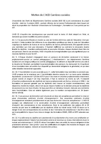 Motion de L’ACD Carrières sociales