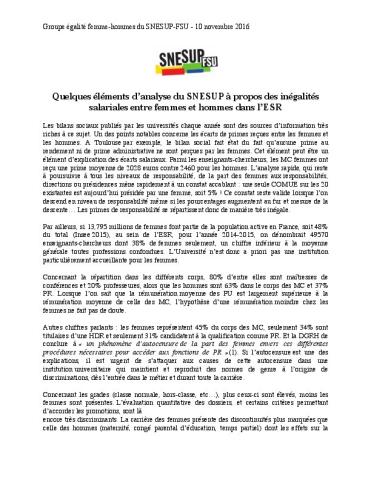 Quelques éléments d'analyse des inégalités salariales entre les femmes et les hommes dans l'ESR