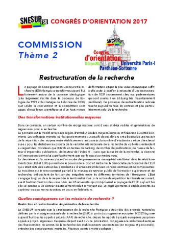 Rapport de la commission thème 2 : Restructuration de la recherche