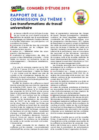 Rapport de la commission du thème 1 : « Les transformations du travail » - Congrès d'étude 2018