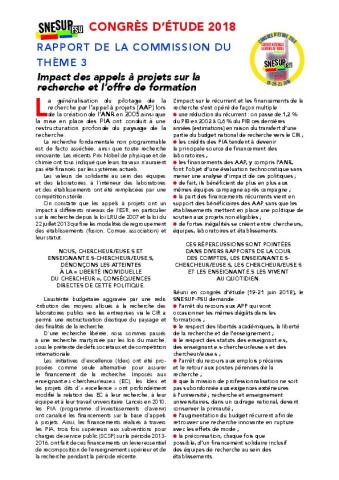 Rapport de la commission du thème 3 : « Impact des appels à projets sur la recherche et l’offre de formation »  - Congrès d'étude 2018