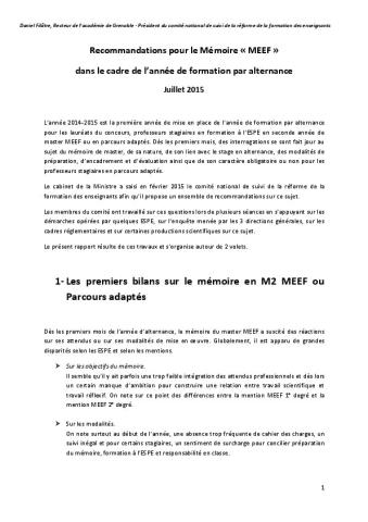 Recommandations pour le mémoire « MEEF »  | Comité de suivi de la réforme de la FDE (Juillet 2015)