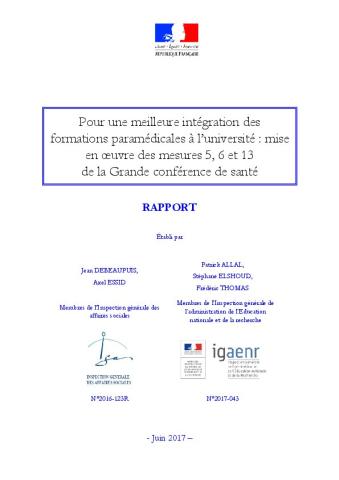 Pour une meilleure intégration des formations paramédicales à l’université : mise en œuvre des mesures 5, 6 et 13 de la Grande conférence de santé