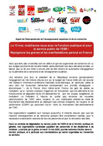 Journée de mobilisation Fonction publique du 13 mai - Appel de l'intersyndicale de l'ESR du 7 mai 2025