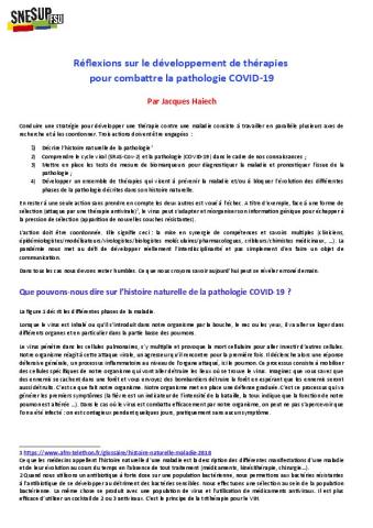 Réflexions sur le développement de thérapies pour combattre la pathologie COVID-19, par Jacques Haiech, 25 mars 2020